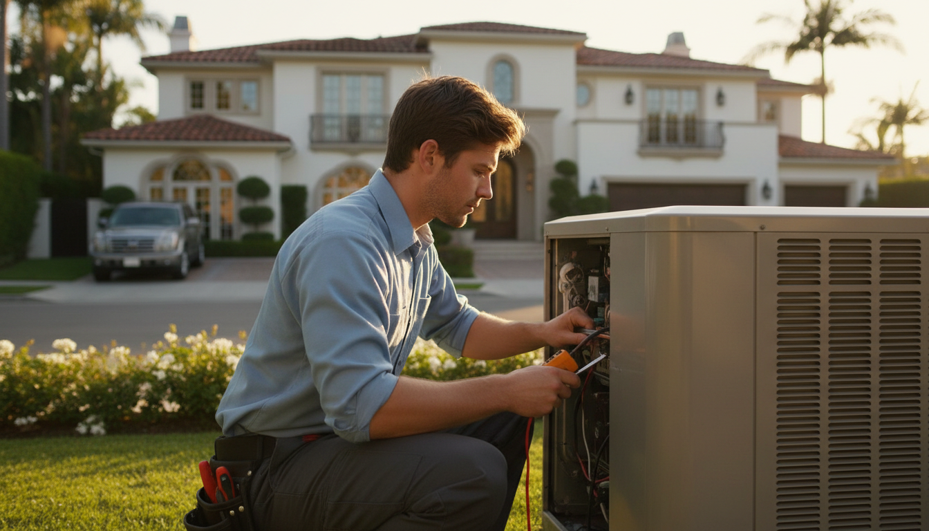HVAC technicians working on rooftop ductwork surrounded by air conditioning condenser units